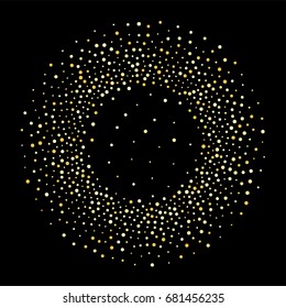 gold glitter border vector illustration. Golden dust falling round, flying circle gold glitter dots confetti elements. Sparkle dots, round tinsel elements celebration backdrop graphic design