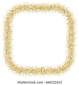 Gold glitter border vector on white background. Golden sparkles border, yellow confetti circles grainy texture. Glamour tinsel square template with place for text, vector design element