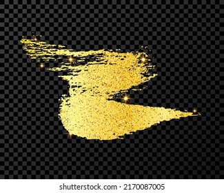 Gold glitter brush stroke. Hand drawn ink spot isolated on dark transparent background. Vector illustration