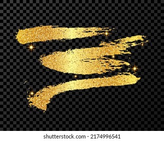Gold glitter brush stroke. Hand drawn ink spot isolated on dark transparent background. Vector illustration