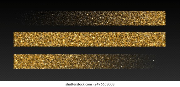 Gold glitter brush strokes, shimmer spray effect, luxury shimmery particles, festive holiday sparkles, shiny star dust lines isolated on a dark background. Christmas decoration. Vector illustration.