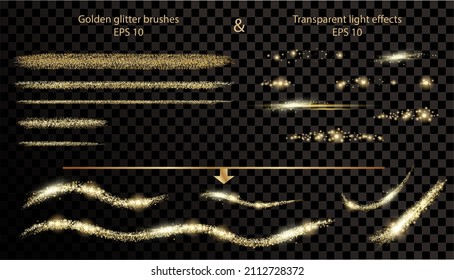 Gold glitter brushes stroke collection and transparent light effects on dark background. Isolated golden and light elements