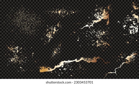 Gold glitter brushes stroke collection on dark background. Isolated golden glitter elements