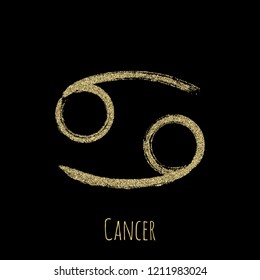 Gold glitter Cancer zodiac symbol vector, hand painted horoscope sign. Astrological icon isolated. Cancer astrology zodiac gold sign clip art.