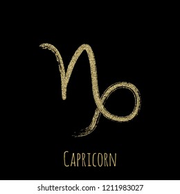 Gold glitter Capricorn zodiac symbol vector, hand painted horoscope sign. Astrological icon isolated. Capricorn astrology zodiac sign circle gold clip art.