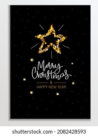 Gold Glitter card with decoration star. Lettering Merry Christmas and Happy New Year. Glittery Background, Greeting or corporate card, poster, holiday cover. Glittering vector illustration.