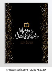 Gold Glitter card with gift box. Lettering Merry Christmas and Happy New Year. Background, greeting or corporate card, poster, holiday cover. Vector illustration