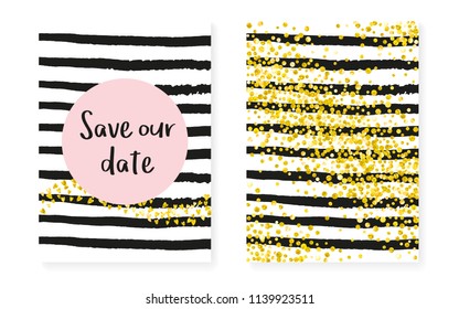 Gold glitter cards with dots and sequins. Wedding and bridal shower invitation set with confetti. Vertical stripes background. Stylish gold glitter cards for party, event, save the date flyer.