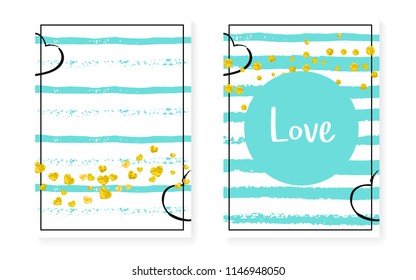 Gold glitter cards with dots, sequins. Wedding and bridal shower invitation set with confetti. Vertical turquoise stripes background. Elegant gold glitter cards for party, event, save the date flyer
