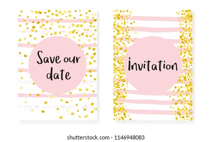 Gold glitter cards with dots and sequins. Wedding and bridal shower invitation set with confetti. Vertical stripes background. Elegant gold glitter cards for party, event, save the date flyer.
