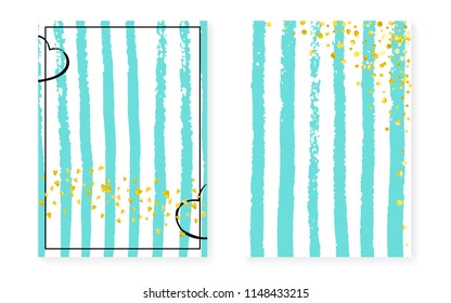 Gold glitter cards with dots, sequins. Wedding and bridal shower invitation set with confetti. Vertical mint stripes background. Fashion gold glitter cards for party, event, save the date flyer