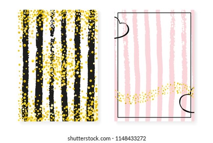 Gold glitter cards with dots and sequins. Wedding and bridal shower invitation set with confetti. Vertical stripes background. Creative gold glitter cards for party, event, save the date flyer.
