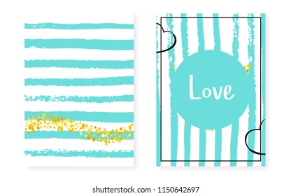 Gold glitter cards with dots, sequins. Wedding and bridal shower invitation set with confetti. Vertical mint stripes background. Stylish gold glitter cards for party, event, save the date flyer