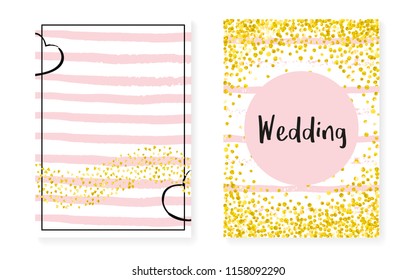 Gold glitter cards with dots and sequins. Wedding and bridal shower invitation set with confetti. Vertical stripes background. Hipster gold glitter cards for party, event, save the date flyer.