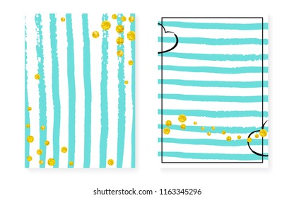 Gold glitter cards with dots, sequins. Wedding and bridal shower invitation set with confetti. Vertical turquoise stripes background. Elegant gold glitter cards for party, event, save the date flyer