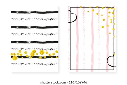 Gold glitter cards with dots and sequins. Wedding and bridal shower invitation set with confetti. Vertical stripes background. Creative gold glitter cards for party, event, save the date flyer.