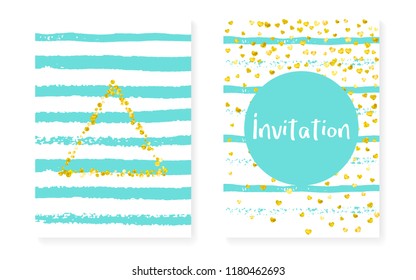 Gold glitter cards with dots, sequins. Wedding and bridal shower invitation set with confetti. Vertical mint stripes background. Creative gold glitter cards for party, event, save the date flyer