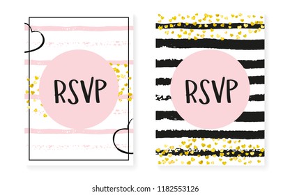 Gold glitter cards with dots and sequins. Wedding and bridal shower invitation set with confetti. Vertical stripes background. Retro gold glitter cards for party, event, save the date flyer.