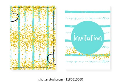 Gold glitter cards with dots, sequins. Wedding and bridal shower invitation set with confetti. Vertical turquoise stripes background. Creative gold glitter cards for party, event, save the date flyer