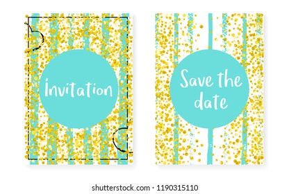 Gold glitter cards with dots, sequins. Wedding and bridal shower invitation set with confetti. Vertical mint stripes background. Luxury gold glitter cards for party, event, save the date flyer