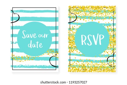 Gold glitter cards with dots, sequins. Wedding and bridal shower invitation set with confetti. Vertical turquoise stripes background. Vintage gold glitter cards for party, event, save the date flyer