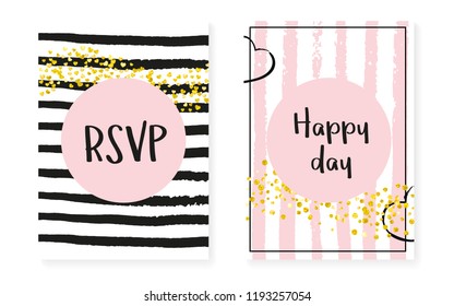 Gold glitter cards with dots and sequins. Wedding and bridal shower invitation set with confetti. Vertical stripes background. Luxury gold glitter cards for party, event, save the date flyer.