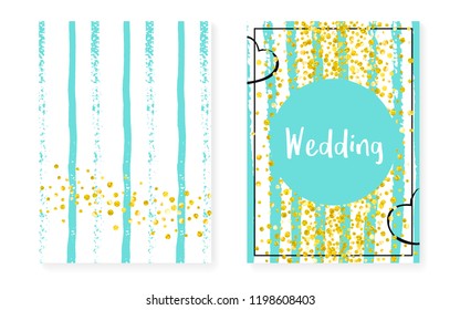 Gold glitter cards with dots, sequins. Wedding and bridal shower invitation set with confetti. Vertical turquoise stripes background. Creative gold glitter cards for party, event, save the date flyer