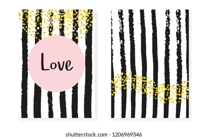Gold glitter cards with dots and sequins. Wedding and bridal shower invitation set with confetti. Vertical stripes background. Trendy gold glitter cards for party, event, save the date flyer.
