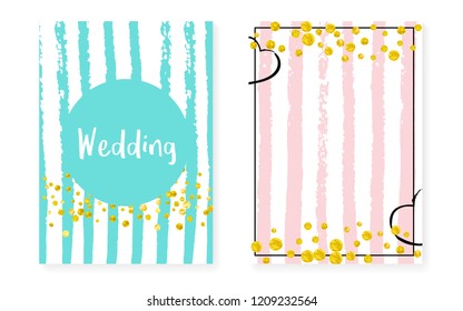Gold glitter cards with dots and sequins. Wedding and bridal shower invitation set with confetti. Vertical stripes background. Hipster gold glitter cards for party, event, save the date flyer.