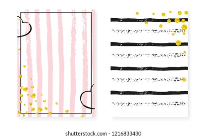 Gold glitter cards with dots and sequins. Wedding and bridal shower invitation set with confetti. Vertical stripes background. Creative gold glitter cards for party, event, save the date flyer.