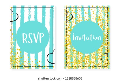 Gold glitter cards with dots and sequins. Wedding and bridal shower invitation set with confetti. Vertical stripes background. Elegant gold glitter cards for party, event, save the date flyer.