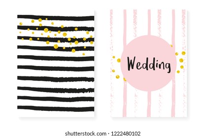 Gold glitter cards with dots and sequins. Wedding and bridal shower invitation set with confetti. Vertical stripes background. Tender gold glitter cards for party, event, save the date flyer.