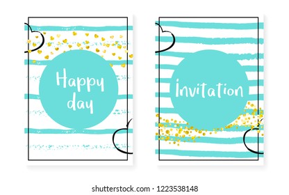 Gold glitter cards with dots and sequins. Wedding and bridal shower invitation set with confetti. Vertical stripes background. Vintage gold glitter cards for party, event, save the date flyer.
