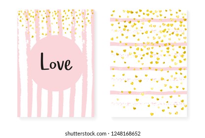 Gold glitter cards with dots and sequins. Wedding and bridal shower invitation set with confetti. Vertical stripes background. Retro gold glitter cards for party, event, save the date flyer.