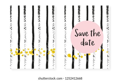 Gold glitter cards with dots and sequins. Wedding and bridal shower invitation set with confetti. Vertical stripes background. Creative gold glitter cards for party, event, save the date flyer.