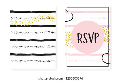 Gold glitter cards with dots and sequins. Wedding and bridal shower invitation set with confetti. Vertical stripes background. Trendy gold glitter cards for party, event, save the date flyer.