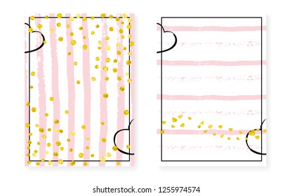 Gold glitter cards with dots and sequins. Wedding and bridal shower invitation set with confetti. Vertical stripes background. Fashion gold glitter cards for party, event, save the date flyer.