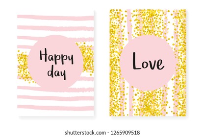 Gold glitter cards with dots and sequins. Wedding and bridal shower invitation set with confetti. Vertical stripes background. Stylish gold glitter cards for party, event, save the date flyer.