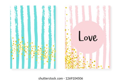Gold glitter cards with dots and sequins. Wedding and bridal shower invitation set with confetti. Vertical stripes background. Elegant gold glitter cards for party, event, save the date flyer.