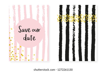Gold glitter cards with dots and sequins. Wedding and bridal shower invitation set with confetti. Vertical stripes background. Creative gold glitter cards for party, event, save the date flyer.