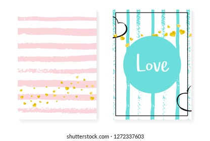 Gold glitter cards with dots and sequins. Wedding and bridal shower invitation set with confetti. Vertical stripes background. Stylish gold glitter cards for party, event, save the date flyer.