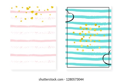 Gold glitter cards with dots and sequins. Wedding and bridal shower invitation set with confetti. Vertical stripes background. Hipster gold glitter cards for party, event, save the date flyer.
