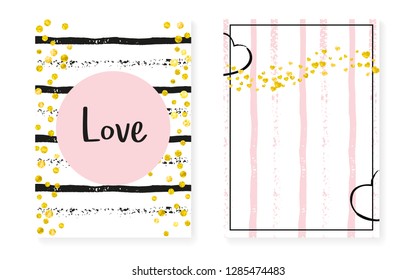 Gold glitter cards with dots and sequins. Wedding and bridal shower invitation set with confetti. Vertical stripes background. Luxury gold glitter cards for party, event, save the date flyer.