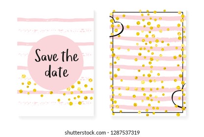 Gold glitter cards with dots and sequins. Wedding and bridal shower invitation set with confetti. Vertical stripes background. Creative gold glitter cards for party, event, save the date flyer.