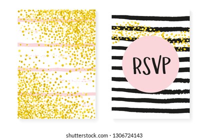 Gold glitter cards with dots and sequins. Wedding and bridal shower invitation set with confetti. Vertical stripes background. Stylish gold glitter cards for party, event, save the date flyer.