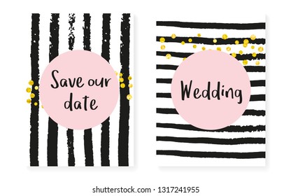 Gold glitter cards with dots and sequins. Wedding and bridal shower invitation set with confetti. Vertical stripes background. Creative gold glitter cards for party, event, save the date flyer.