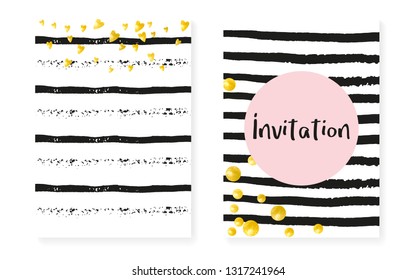 Gold glitter cards with dots and sequins. Wedding and bridal shower invitation set with confetti. Vertical stripes background. Trendy gold glitter cards for party, event, save the date flyer.