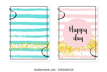 Gold glitter cards with dots and sequins. Wedding and bridal shower invitation set with confetti. Vertical stripes background. Creative gold glitter cards for party, event, save the date flyer.