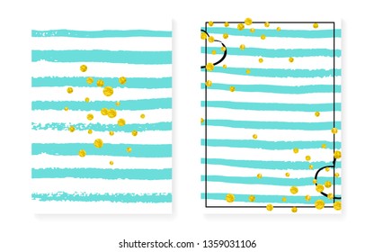 Gold glitter cards with dots and sequins. Wedding and bridal shower invitation set with confetti. Vertical stripes background. Luxury gold glitter cards for party, event, save the date flyer.