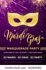 Gold glitter carnival mask for Mardi Gras Shrove Tuesday festival poster.